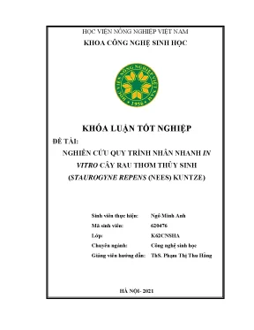 Khóa luận tốt nghiệp nghiên cứu quy trình nhân nhanh in vitro cây rau thơm thủy sinh staurogyne repens nees kuntze