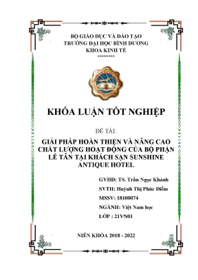 Giải pháp hoàn thiện và nâng cao chất lượng hoạt động của bộ phận lễ tân tại khách sạn sunshine antique hotel khóa luận tốt nghiệp