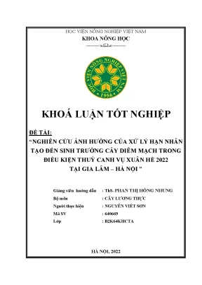 Nghiên cứu ảnh hưởng của xử lý hạn nhân tạo đến sinh trưởng cây diêm mạch trong điều kiện thủy canh vụ xuân hè 2022 tại gia lâm hà nội khoán luận tốt nghiệp