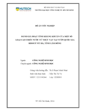 Đồ án tốt nghiệp đánh giá hoạt tính kháng khuẩn của một số loại cao chiết nước từ thực vật tại vườn quốc gia bidoup núi bà tı̉nh lâm đồng