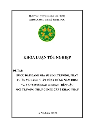 Bước đầu đánh giá sự sinh trưởng phát triển và năng suất của chủng nấm rơm v2 v7 v8 volvariella volvacea trên các môi trường nhân giống cấp 3 khác nhau khóa luận tốt nghiệp