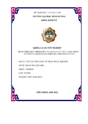 Hoàn thiện quy trình phục vụ khách lưu trú tại bộ phận lễ tân của khách sạn thiên hà tỉnh bình dương khóa luận tốt nghiệp