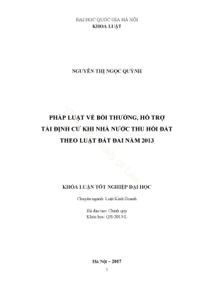 Khóa luận tốt nghiệp luật kinh doanh pháp luật về bồi thường hỗ trợ tái định cư khi nhà nước thu hồi đất theo luật đất đai năm 2013