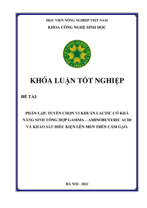 Phân lập tuyển chọn chủng vi khuẩn lactic có khả năng sinh tổng hợp gamma aminobutyric axit và khảo sát điều kiện lên men trên cám gạo khóa luận tốt nghiệp