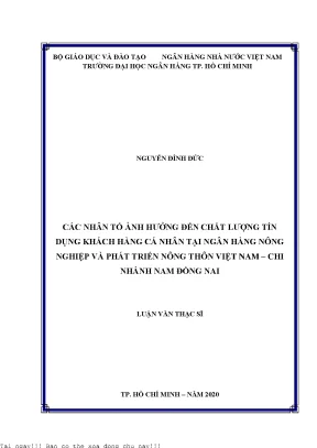 Các nhân tố ảnh hưởng đến chất lượng tín dụng khách hàng cá nhân tại ngân hàng nông nghiệp và phát triển nông thôn việt nam chi nhánh nam đồng nai luận văn thạc sĩ tài chính ngân hàng