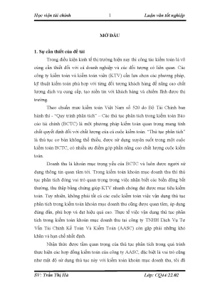 Luận văn học viện tài chính aof vận dụng thủ tục phân tích trong kiểm toán khoản mục doanh thu tại công ty tnhh dịch vụ tư vấn tài chính kế toán và kiểm toán aasc