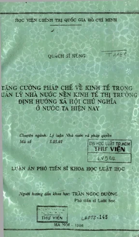 Luận án tăng cường pháp chế về kinh tế trong quản lý nhà nước nền kinh tế thị trường định hướng xã hội chủ nghĩa ở nước ta hiện nay
