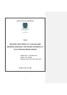Luận văn thạc sĩ reading self efficacy and english reading strategy use of efl students at xuan truong high school