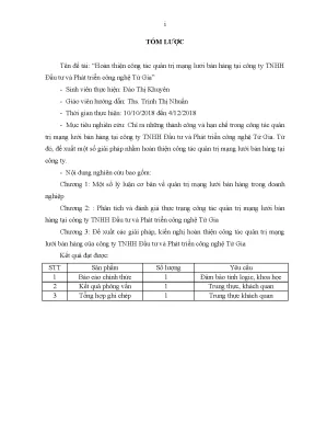 Luận văn hoàn thiện công tác quản trị mạng lưới bán hàng tại công ty tnhh đầu tư và phát triển công nghệ tứ gia