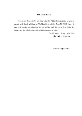 Luận văn thạc sĩ kế toán doanh thu chi phí và kết quả kinh doanh tại công ty cổ phần đầu tư và xây dựng bdc việt nam