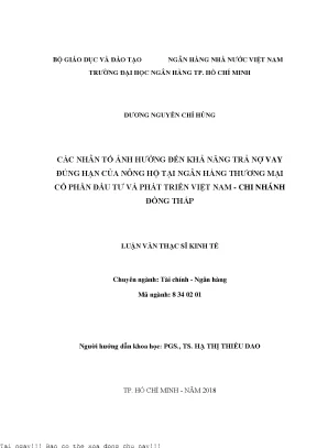 Các nhân tố ảnh hưởng đến khả năng trả nợ vay đúng hạn của nông hộ tại ngân hàng thương mại cổ phần đầu tư và phát triển việt nam chi nhánh đồng tháp luận văn thạc sĩ kinh tế