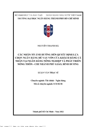 Các nhân tố ảnh hưởng đến quyết định lựa chọn ngân hàng để vay vốn của khách hàng cá nhân tại ngân hàng nông nghiệp và phát triển nông thôn chi nhánh phú giáo bình dương luận văn thạc sĩ tài chính ngân hàng
