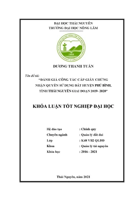 Luận văn đánh giá công tác cấp giấy chứng nhận quyền sử dụng đất tại chi nhánh văn phòng đăng ký đất đai huyện phú bình tỉnh thái nguyên giai đoạn 2019 2020