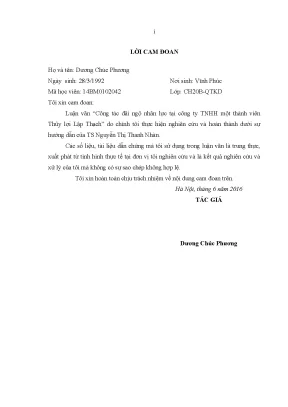 Luận văn thạc sĩ công tác đãi ngộ nhân lực tại công ty tnhh một thành viên thủy lợi lập thạch