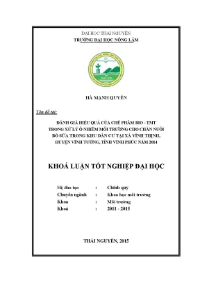 Luận văn đánh giá hiệu quả của chế phẩm bio tmt trong xử lý ô nhiễm môi trường cho chăn nuôi bò sữa trong khu dân cư tại xã vĩnh thịnh huyện vĩnh tường
