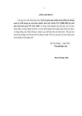 Luận văn một số giải pháp nhằm hoàn thiện hệ thống quản lý chất lượng an toàn thực ph m theo tiêu chu n iso 220002005 tại nhà máy sữa tươi sạch th true milk