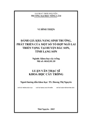 Luận văn thạc sĩ đánh giá khả năng sinh trưởng phát triển của một số tổ hợp ngô lai triển vọng tại huyện bắc sơn tỉnh lạng sơn