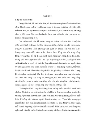 Luận văn chính sách đầu tư cho hoạt động văn hóa ở thành phố vĩnh long tỉnh vĩnh long