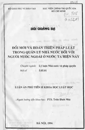 Luận án đổi mới và hoàn thiện pháp luật trong quản lý nhà nước đối với người nước ngoàii ở nước ta hiện nay