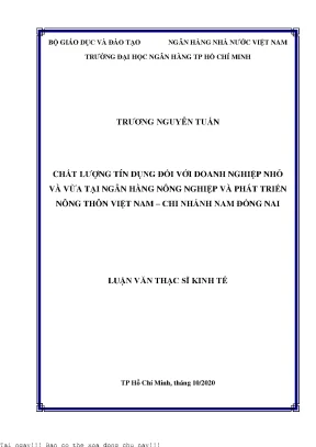 Chất lượng tín dụng đối với doanh nghiệp nhỏ và vừa tại ngân hàng nông nghiệp và phát triển nông thôn việt nam chi nhánh nam đồng nai luận văn thạc sĩ tài chính ngân hàng