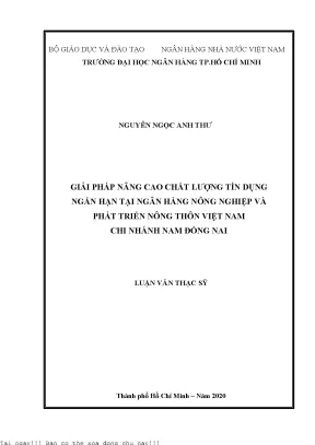 Giải pháp nâng cao chất lượng tín dụng ngắn hạn tại ngân hàng nông nghiệp và phát triển nông thôn việt nam chi nhánh nam đồng nai luận văn thạc sĩ tài chính ngân hàng