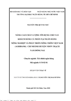 Nâng cao chất lượng tín dụng cho vay khách hàng cá nhân tại ngân hàng nông nghiệp và phát triển nông thôn việt nam agribank chi nhánh huyện nhơn trạch nam đồng nai luận văn thạc sĩ tài chính ngân hàng