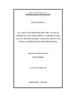 Luận văn thạc sĩ các nhân tố ảnh hưởng đến việc vận dụng chế độ kế toán theo thông tư 107 2017 ttbtc tại các trường đại học cao đẳng trung cấp công lập trên địa bàn tỉnh bình dương