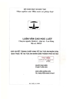 Luận văn thạc sĩ luật học giải quyết tranh chấp kinh tế tại toà án nhân dân qua thực tế tại toà án nhân dân thành phố hà nội