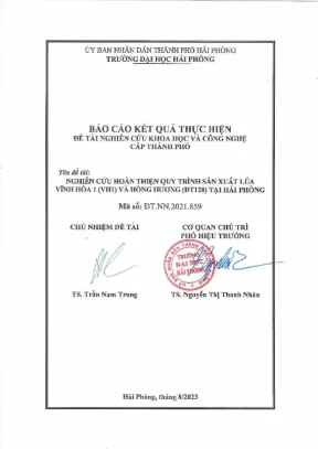 Đề tài nghiên cứu khoa học cấp thành phố nghiên cứu hoàn thiện quy trình sản xuất lúa vĩnh hòa 1vh1 và hồng hương đt128 tại hải phòng