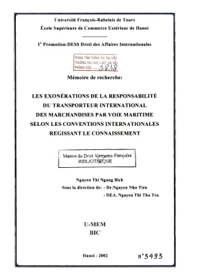 Luận án nghiên cứu les exonérations de la responsabilité du transporteur international des marchandises par voie maritime selon les conventions internationales régissant