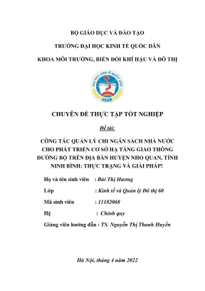Chuyên đề thực tập tốt nghiệp công tác quản lý chi ngân sách nhà nước cho phát triển cơ sở hạ tầng giao thông đường bộ trên địa bàn huyện nho quan tỉnh ninh bình thực trạng và giải pháp
