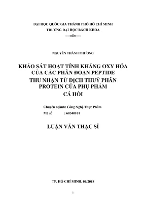 Luận văn thạc sĩ công nghệ thực phẩm khảo sát hoạt tính kháng oxy hóa của các phân đoạn peptide thu nhận từ dịch thủy phân protein của phụ phẩm cá hồi