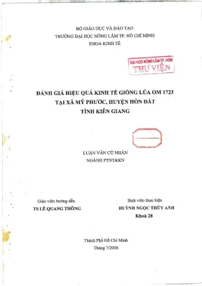 Khóa luận tốt nghiệp phát triển nông thôn đánh giá hiệu quả kinh tế giống lúa om 1723 tại xã mỹ phước huyện hòn đất tỉnh kiên giang