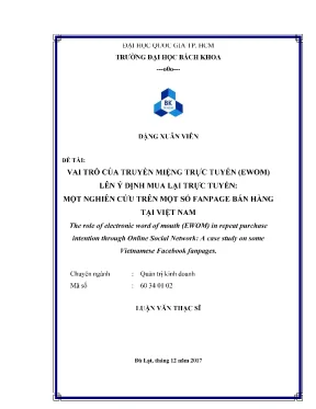 Luận văn thạc sĩ quản trị kinh doanh vai trò của truyền miệng trực tuyến ewom lên ý định mua lại trực tuyến một nghiên cứu trên một số fanpage bán hàng tại việt nam