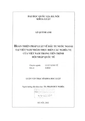 Luận văn thạc sĩ luật học hoàn thiện pháp luật về đầu tư nước ngoài tại việt nam nhằm thực hiện các nghĩa vụ của việt nam trong tiến trình hội nhập quốc tế