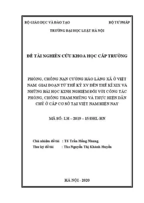 Đề tài nghiên cứu khoa học cấp trường phòng chống nạn cường hào làng xã ở việt nam giai đoạn từ thế kỷ xv đến thế kỷ xix và những bài học kinh nghiệm đối với công tác phòng chống tham nhũng và thực hiện dân chủ ở cấp cơ sở tại việt nam hiện nay