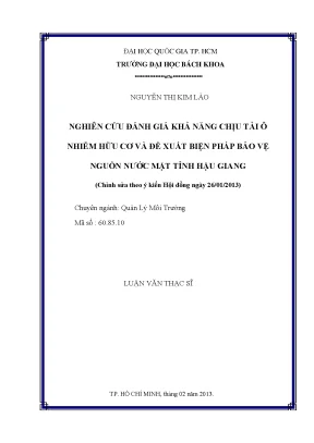 Luận văn thạc sĩ quản lý môi trường nghiên cứu đánh giá khả năng chịu tải ô nhiễm hữu cơ và đề xuất biện pháp bảo vệ nguồn nước mặt tỉnh hậu giang