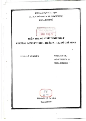 Khóa luận tốt nghiệp phát triển nông thôn hiện trạng nước sinh hoạt phường long phước quận 9 tp hồ chí minh