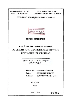 Luận án nghiên cứu la législation des garanties de crédits pour lentreprise au vietnam etat actuel et solutions