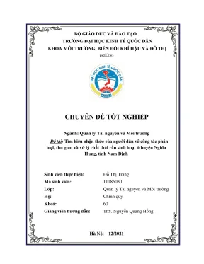 Chuyên đề tốt nghiệp tìm hiểu nhận thức của người dân về công tác phân loại thu gom và xử lý chất thải rắn sinh hoạt ở huyện nghĩa hưng tỉnh nam định