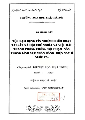 Luận văn thạc sĩ luật học tội lạm dụng tín nhiệm chiếm đoạt tài sản xã hội chủ nghĩa và việc đấu tranh phòng chống tội phạm này trong lĩnh vực ngân hàng hiện nay ở nước ta