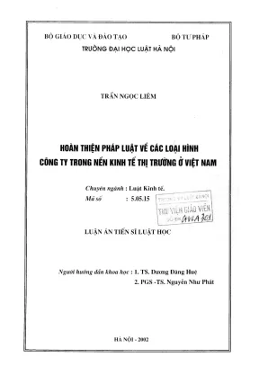 Luận án tiến sĩ luật học hoàn thiện pháp luật về các loại hình công ty trong nền kinh tế thị trường ở việt nam