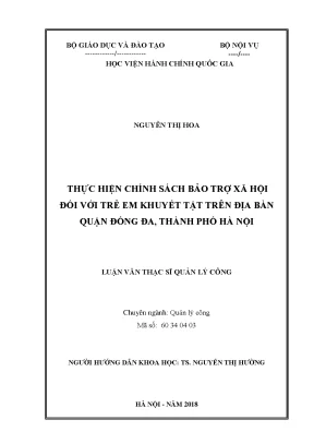 Luận văn thạc sĩ quản lý công thực hiện chính sách bảo trợ xã hội đối với trẻ em khuyết tật trên địa bàn quận đống đa thành phố hà nội