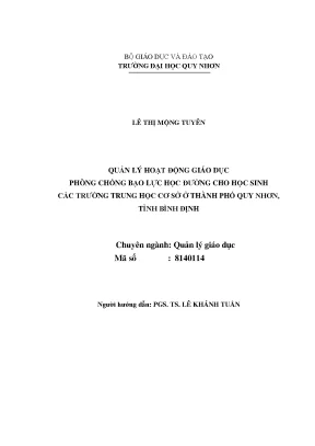 Luận văn thạc sĩ quản lý hoạt động giáo dục phòng chống bạo lực học đường cho học sinh các trường trung học cơ sở ở thành phố quy nhơn tỉnh bình định