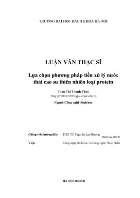 Luận văn thạc sĩ lựa chọn phương pháp tiền xử lý nước thải cao su thiên nhiên loại protein