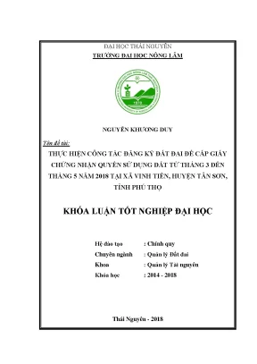 Luận văn thực hiện công tác đăng ký đất đai để cấp giấy chứng nhận quyền sử dụng đất từ tháng 3 đến tháng 5 năm 2018 tại xã vinh tiền huyện tân sơn