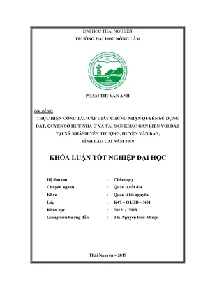 Luận văn thực hiện công tác cấp giấy chứng nhận quyền sử dụng đất quyền sở hữu nhà ở và tài sản khác gắn liền với đất tại xã khánh yên thượng