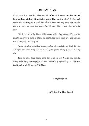 Luận án tiến sĩ công nghệ thông tin nâng cao độ chính xác tra cứu ảnh dựa vào nội dung sử dụng kỹ thuật điều chỉnh trọng số của hàm khoảng cách