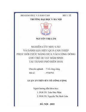Luận án tiến sĩ y tế công cộng nghiên cứu nhu cầu và đánh giá hiệu quả can thiệp phục hồi chức năng dựa vào cộng đồng cho trẻ dị tật bẩm sinh tại thành phố biên hoà