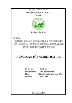 Luận văn đánh giá hiệu quả bước đầu trồng cây dược liệu ban lá dính tại hợp tác xã đông nam dược xã hà vị huyện bạch thông tỉnh bắc kạn